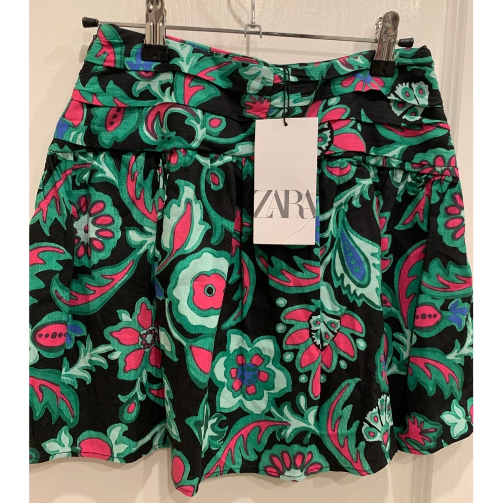 NWT ZARA LINEN BLEND FLORAL‎ PRINT MINI SKIRT MULTICOLOR SIZE XS